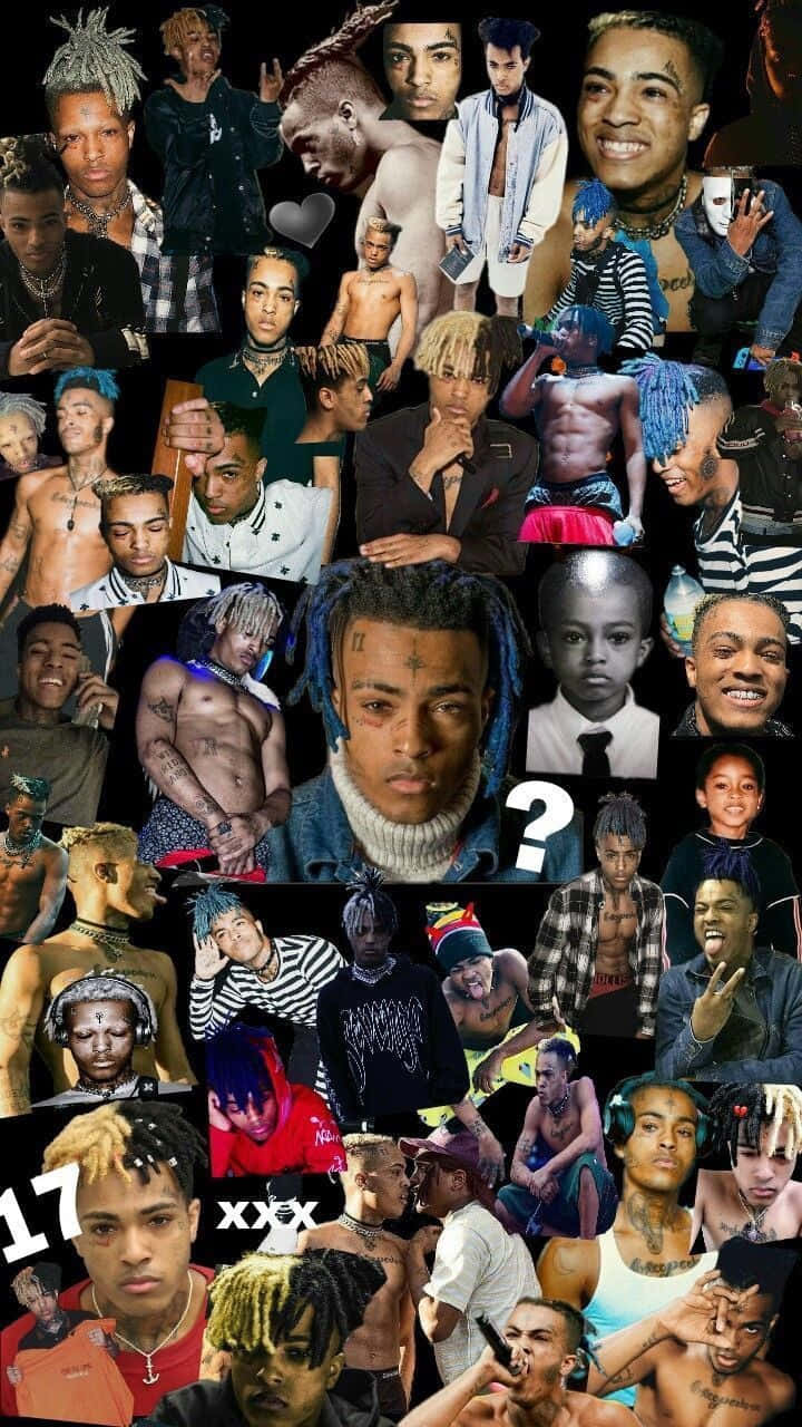 說唱歌手 桌布 壁紙 — XXXTentacion 各種肖像的鮮明拼貼畫，展示了他標誌性的髮型、紋身以及在不同服裝和情緒下的富有表現力的姿勢。
