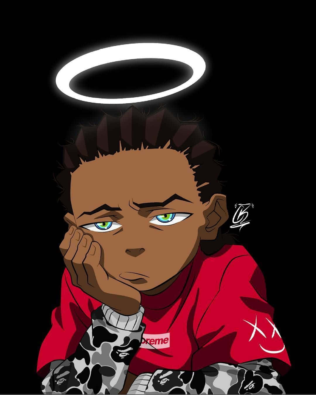 Xxxtentacion 帥氣男孩戴聖光 壁紙 — 一個風格化的動漫角色，帶有發光的光環，在黑色背景前沉思地凝視。