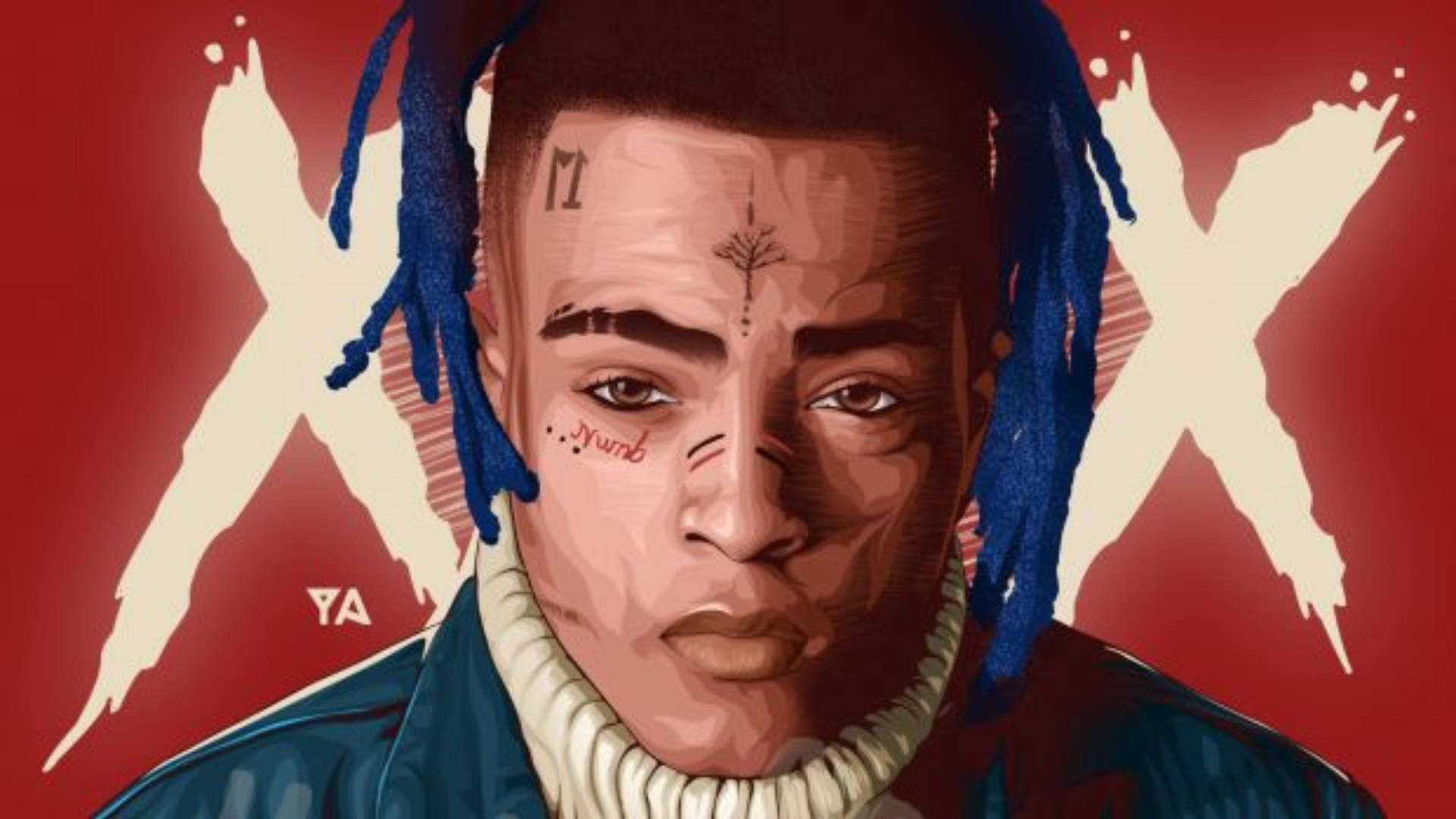 XXXTentacion 美學向量藝術 壁紙 — 一個風格化的數碼肖像，描繪一名擁有藍色辮子和面部紋身的男子，背景為大膽的紅色，帶有大型奶油色X。