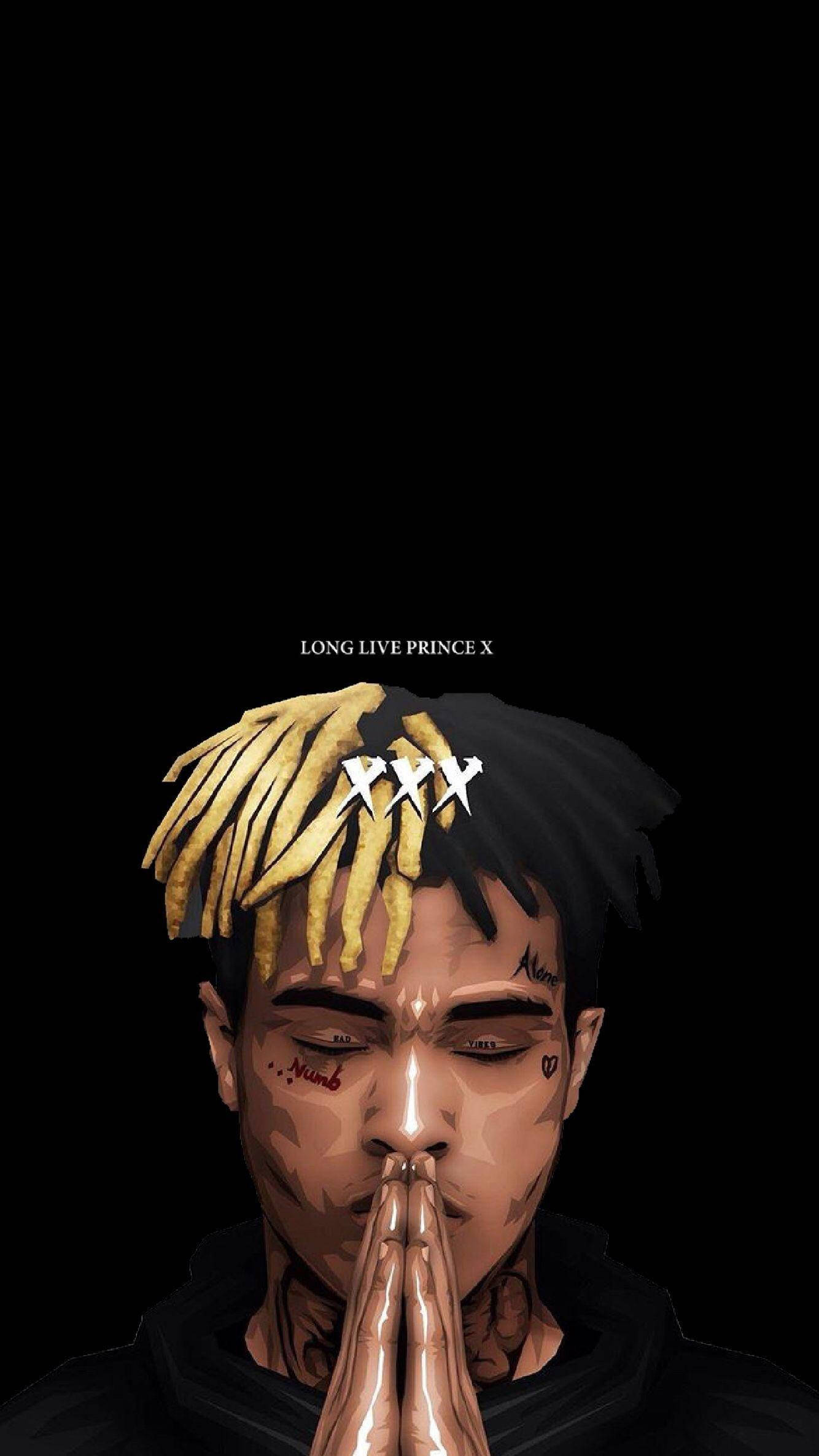 XXXTentacion 美學圖形藝術 壁紙 — 一個風格化的數碼肖像，描繪一名擁有金色辮子頭和紋身的男子，在黑色背景上祈禱，並帶有文字。