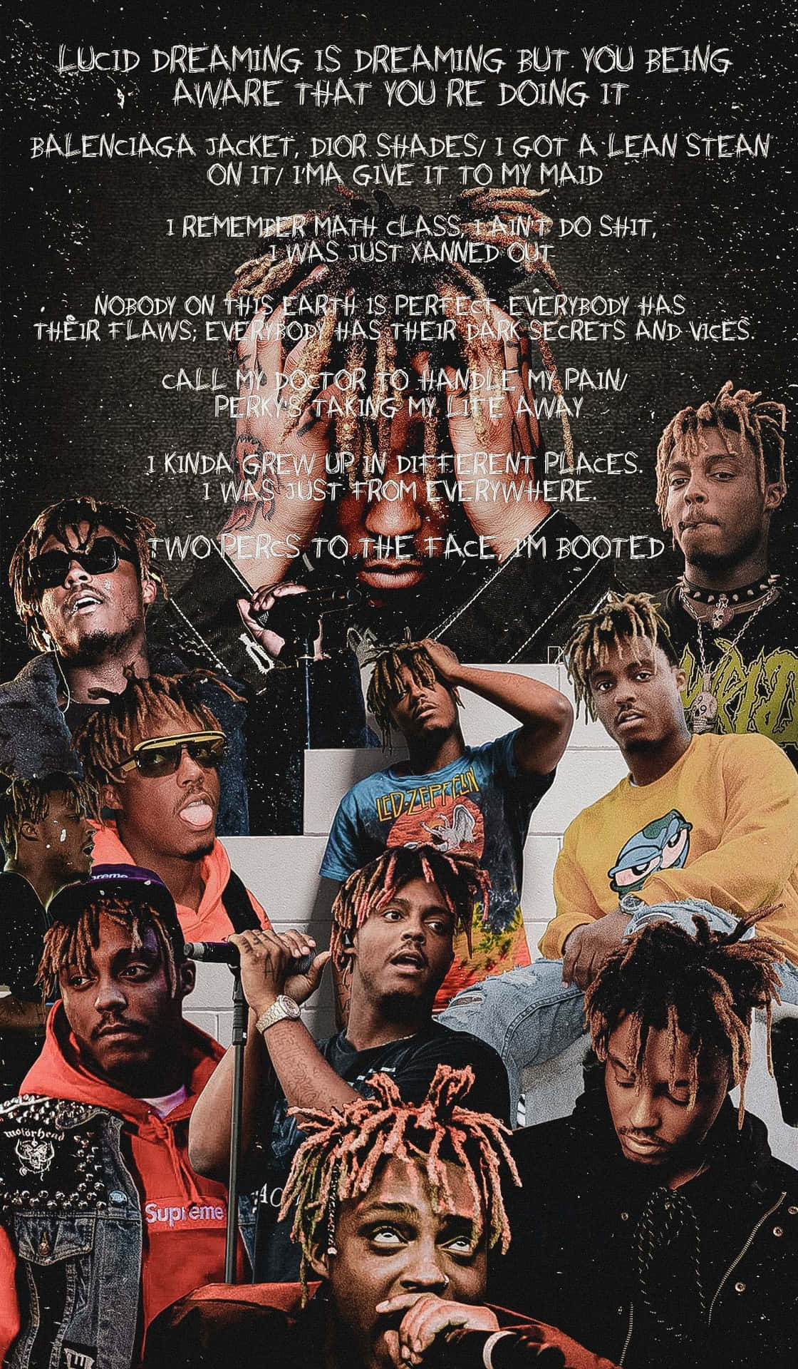 饒舌歌手 XXXTentacion 的拼貼畫，包含引言和時尚單品。