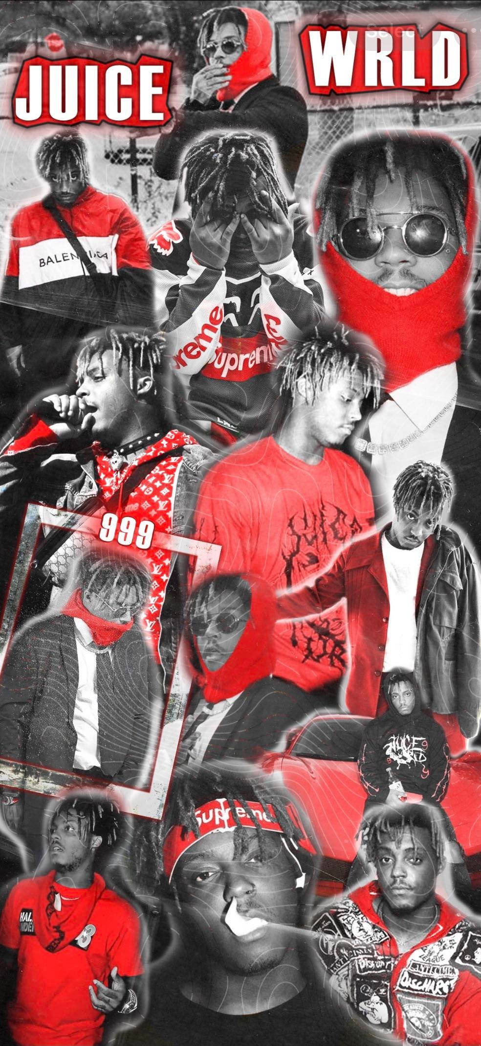 美國饒舌歌手XXXTENTACION與JUICE WRLD拼貼畫 壁紙 — Juice WRLD 身穿紅色和黑色服裝的高對比拼貼畫，帶有粗體文字疊加和故障效果。