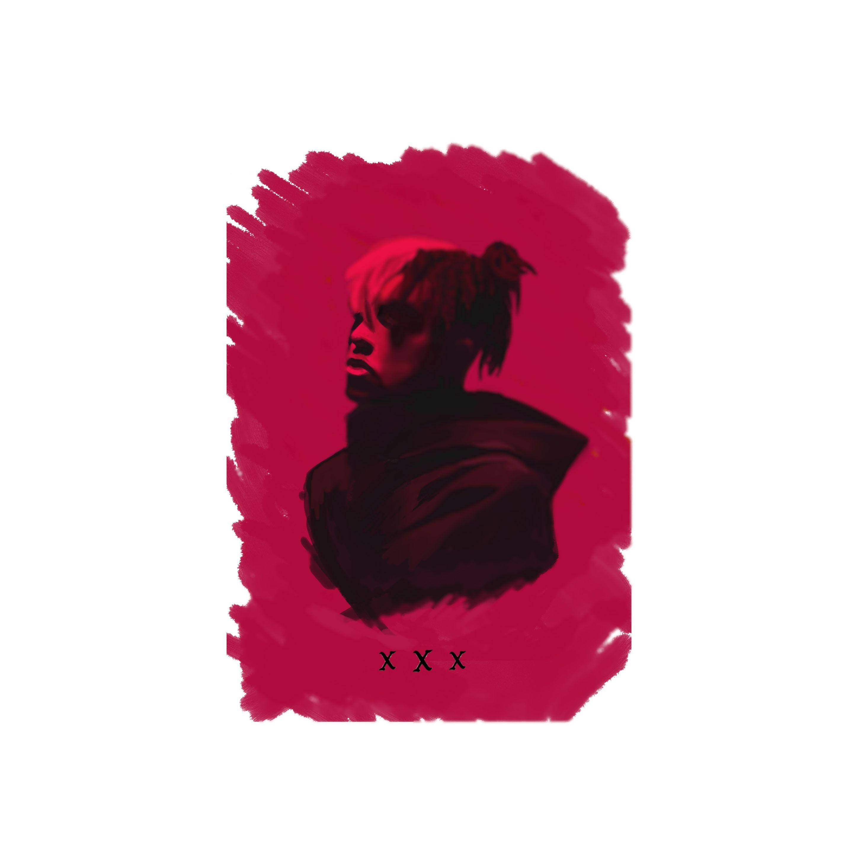 XXXTentacion美學圖像藝術 壁紙 — 一個風格化的人物肖像，頭頂髮髻，背景是鮮明的紅色筆觸。