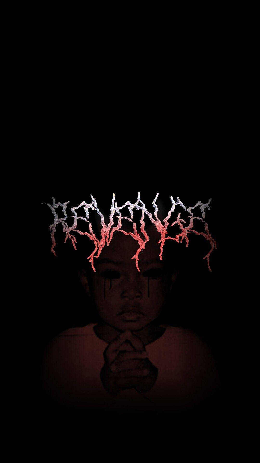 XXXTentacion美學復仇專輯 壁紙 — 陰影中孩子的臉，上方有發光的紅色和白色鋸齒狀文字，喚起黑暗奇幻恐怖。