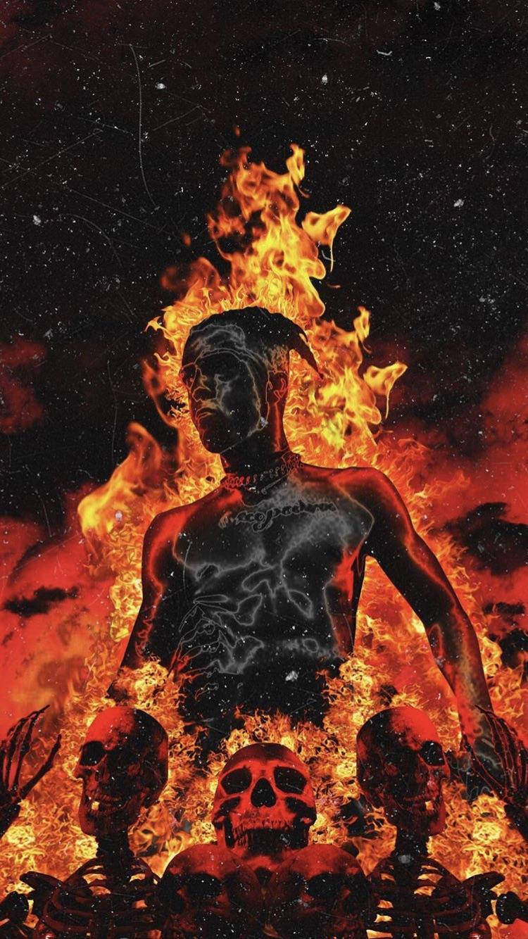 XXXTentacion美學烈焰風格 壁紙 — 一個燃燒的骷髏身影從地獄之火中升起，腳下有頭骨，背景是星空虛無。