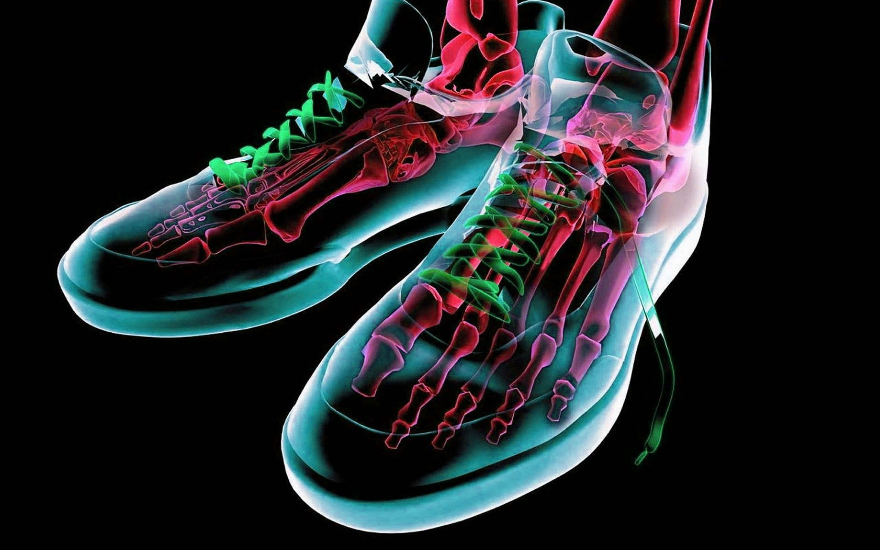 Neon Lights 桌布 壁紙 — X光風格運動鞋在黑色背景上顯現發光的粉紅色腳骨和綠色鞋帶。