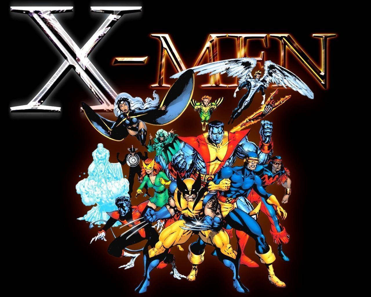 X戰警 漫畫超級英雄 壁紙 — 一幅動態漫畫書插圖，X-Men 團隊在黑色背景上以英雄姿態擺出姿勢，帶有發光的標題文字。