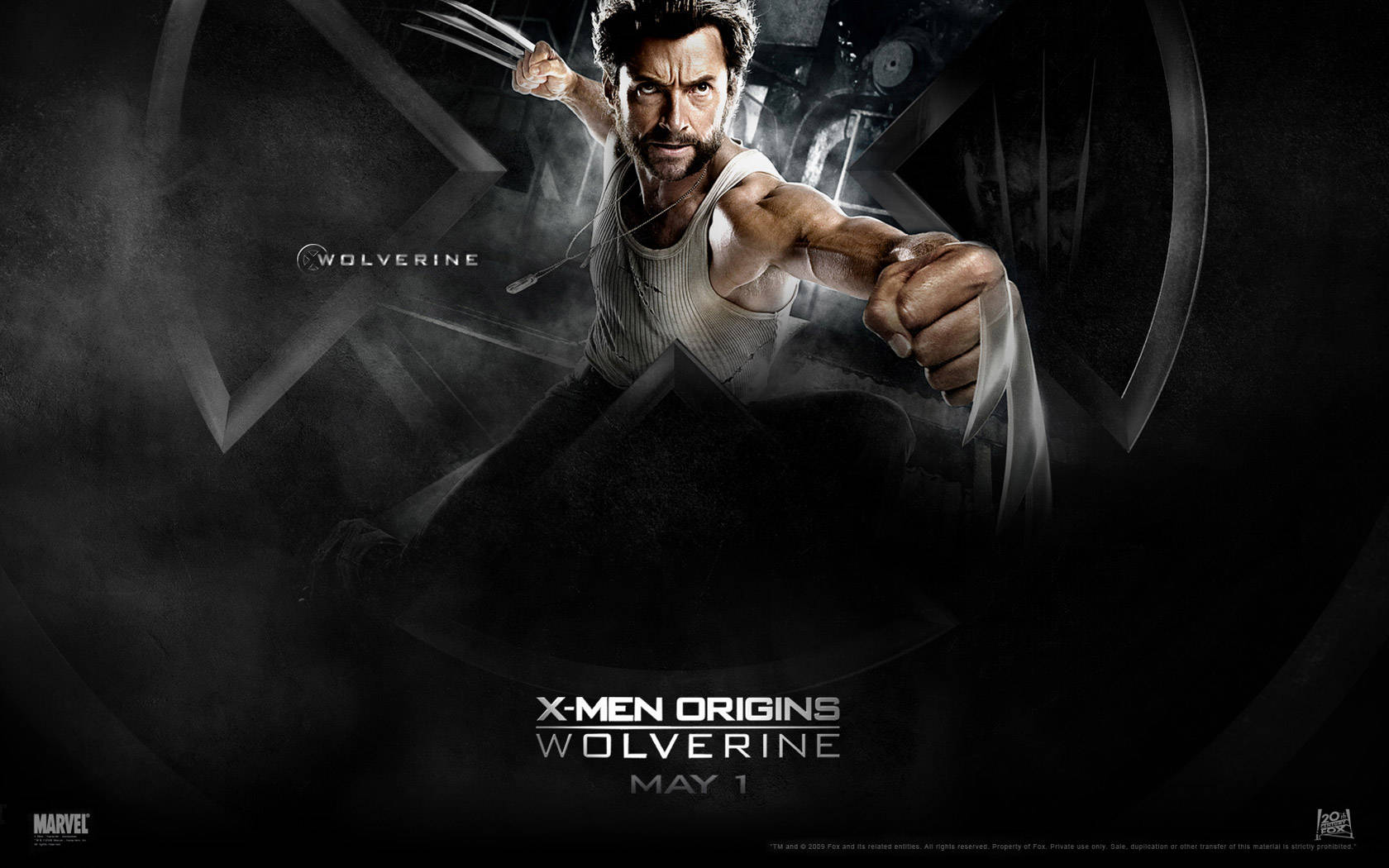 X戰警 狼人海報 壁紙 — 狼人（Wolverine）向前猛衝，爪子伸出，出現在《X戰警：金鋼狼》的黑暗煙霧電影海報中。