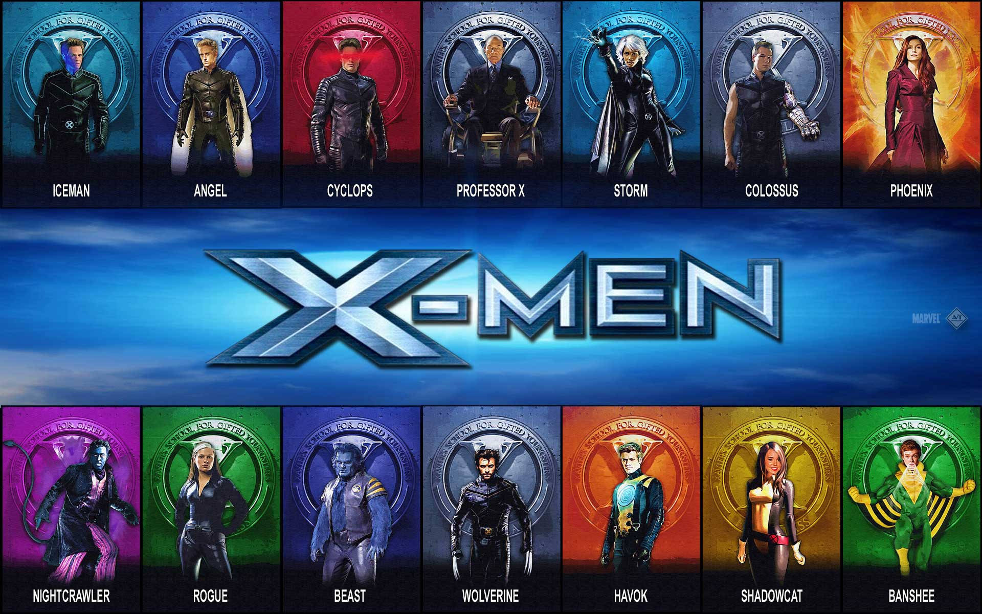 X戰警 超級英雄 壁紙 — X-Men 團隊肖像，以彩色圓形框架在藍色漸變背景上展示標誌性變種人，如鐳射眼、暴風女和金剛狼。