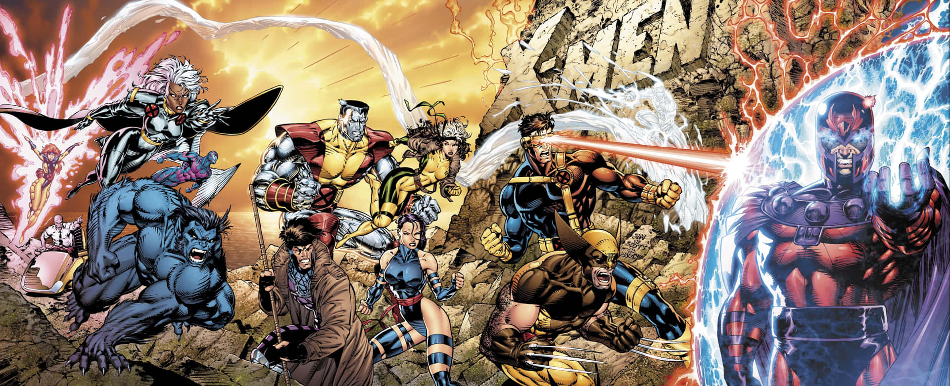 X-Men 超級英雄團隊在岩石峽谷中與 Magneto 進行能量衝擊戰鬥。