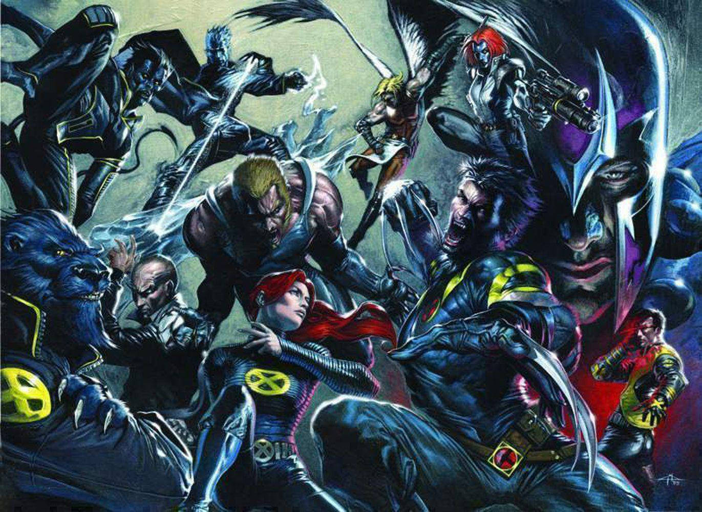 X戰警 黑暗海報 壁紙 — X-Men 變種人動態漫畫插圖，展現激烈戰鬥姿勢及發光能量效果。