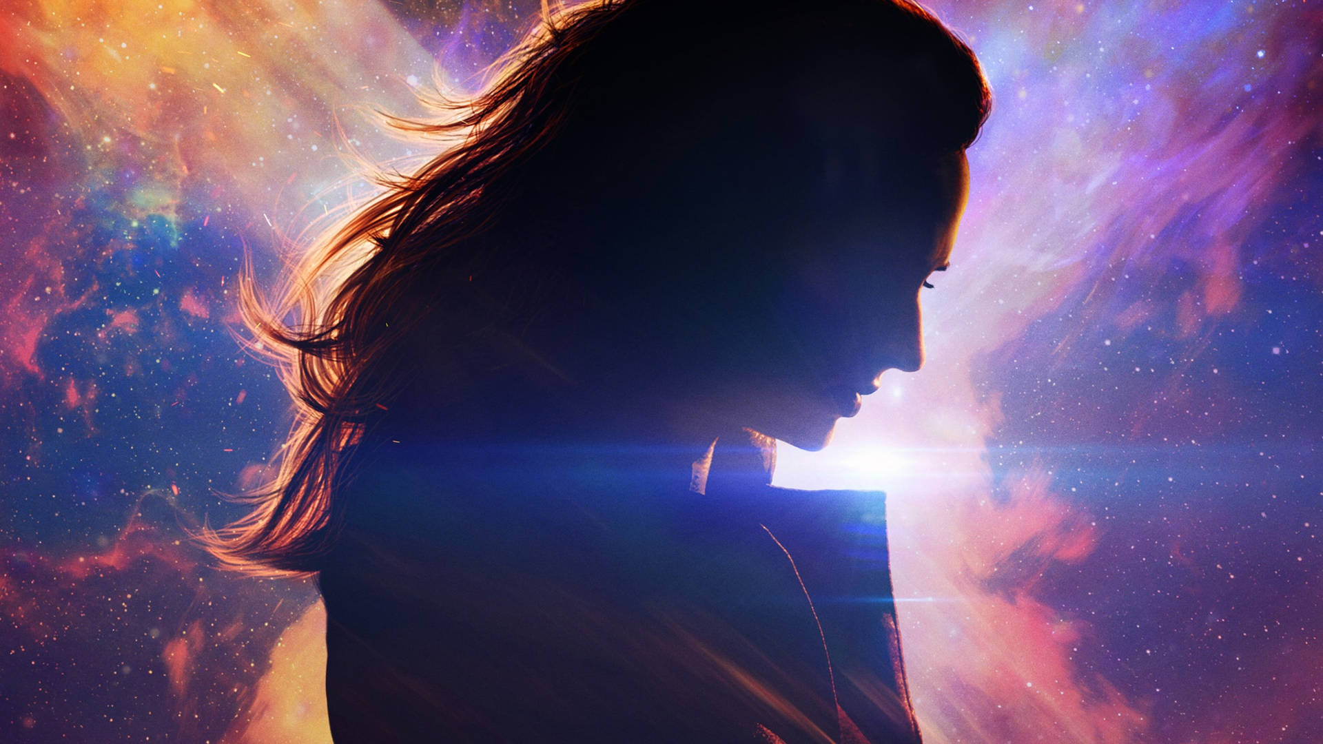 一個女人的剪影，背景是色彩繽紛的宇宙星雲和閃爍的星星。