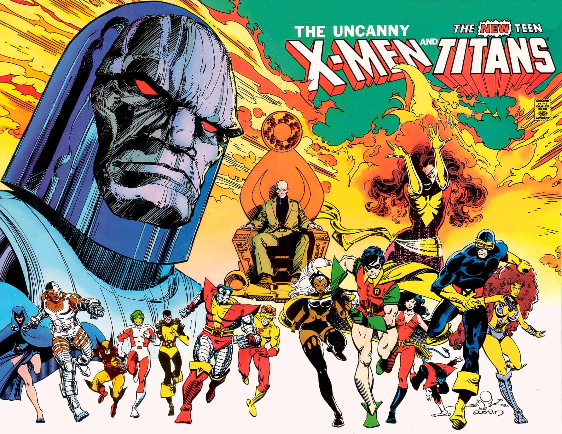 漫畫封面，X-Men 和 Teen Titans 面對一個巨大的黑暗反派。