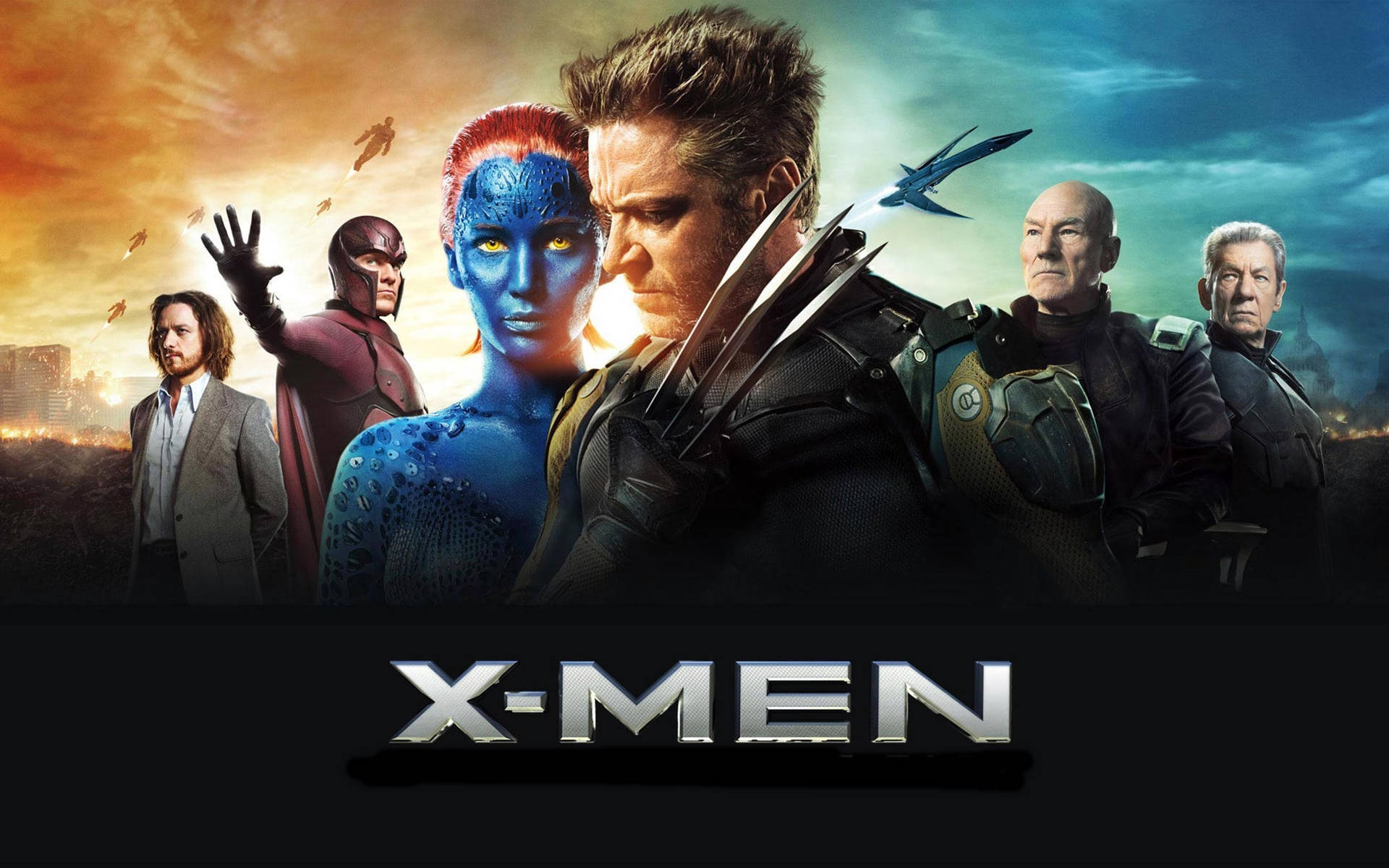 X-Men 超級英雄團隊站在戲劇性的日落場景中，有飛行的變種人。