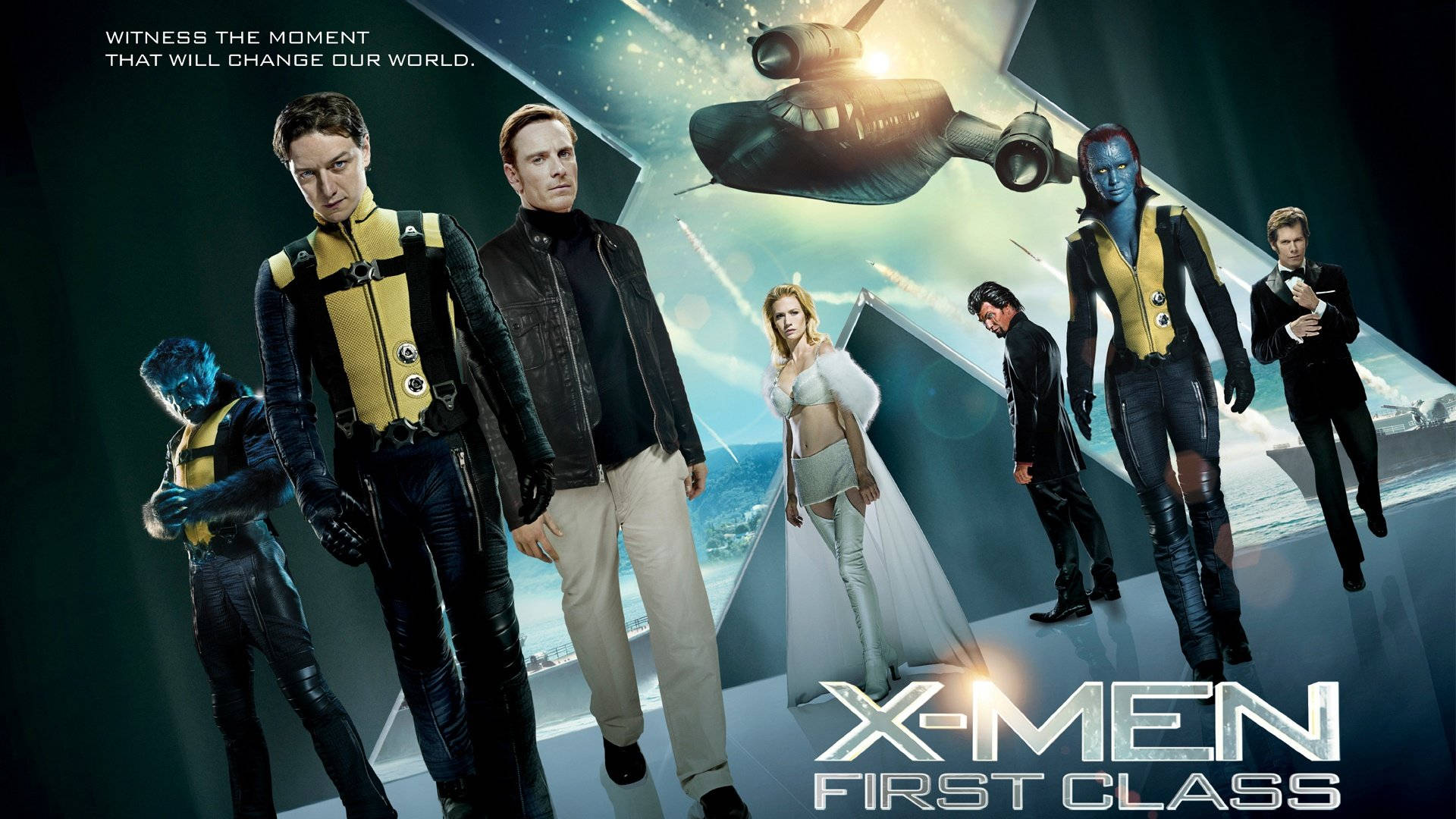 六個著住未來裝備嘅X-Men First Class角色，同飛碟一齊擺出戲劇性姿勢。