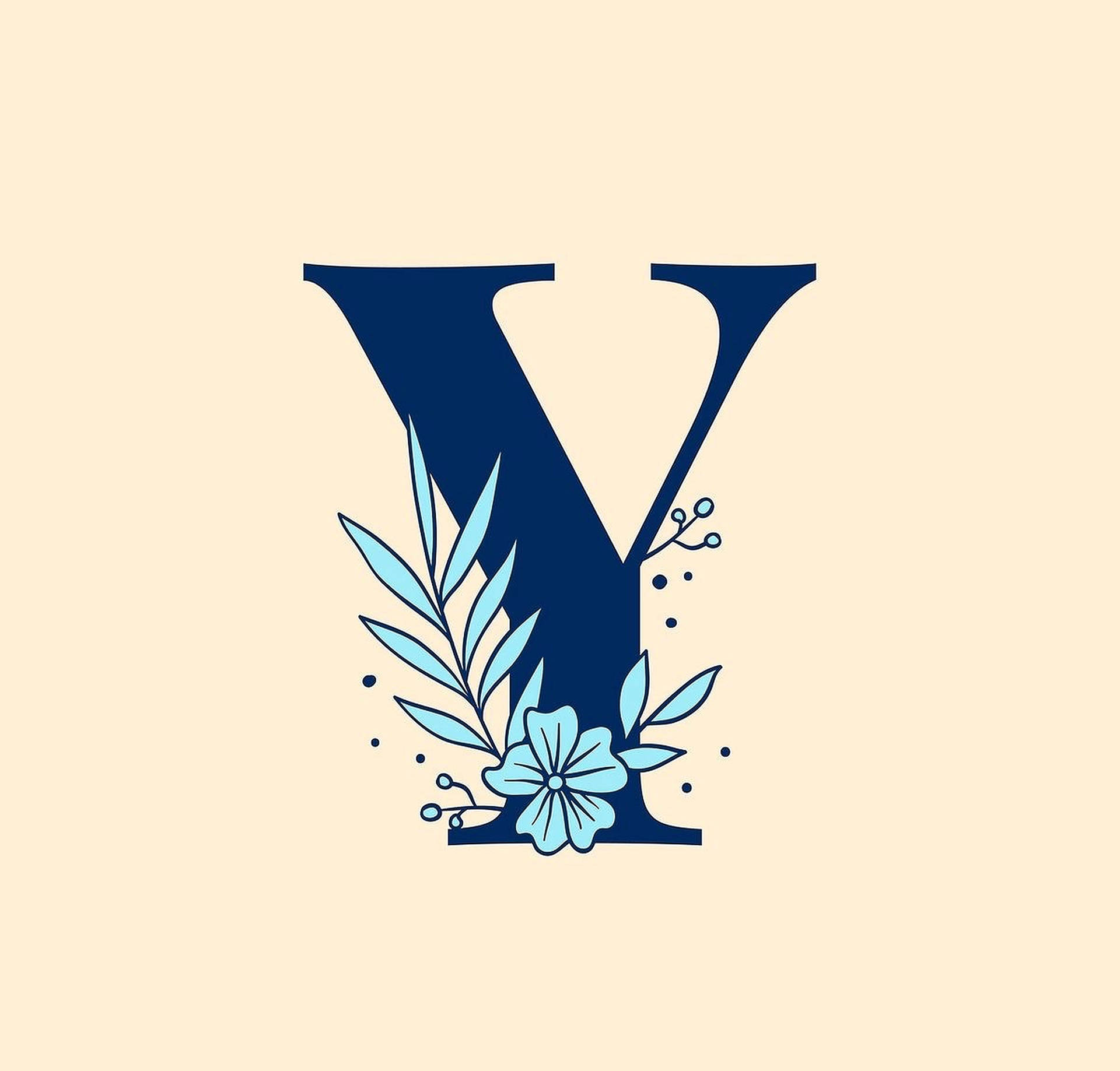藍色字母Y 壁紙 — 一個海軍藍色字母Y，飾有淺藍色花卉元素，背景為米色。