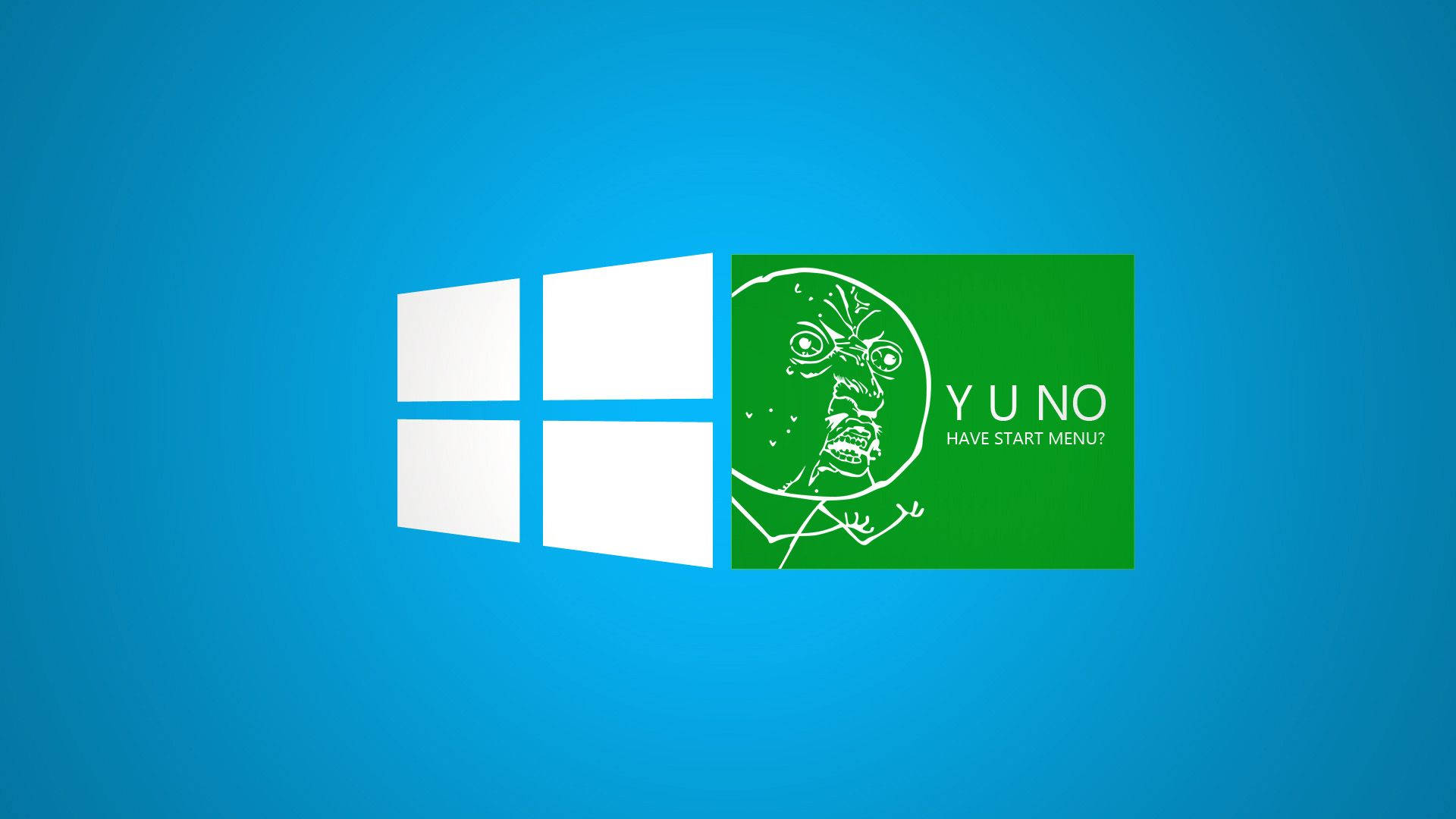 Y U No Windows 搞笑迷因 壁紙 — 藍色背景上顯示Windows標誌，旁邊有一個綠色面板，上面有「Y U NO」迷因角色詢問開始功能表。
