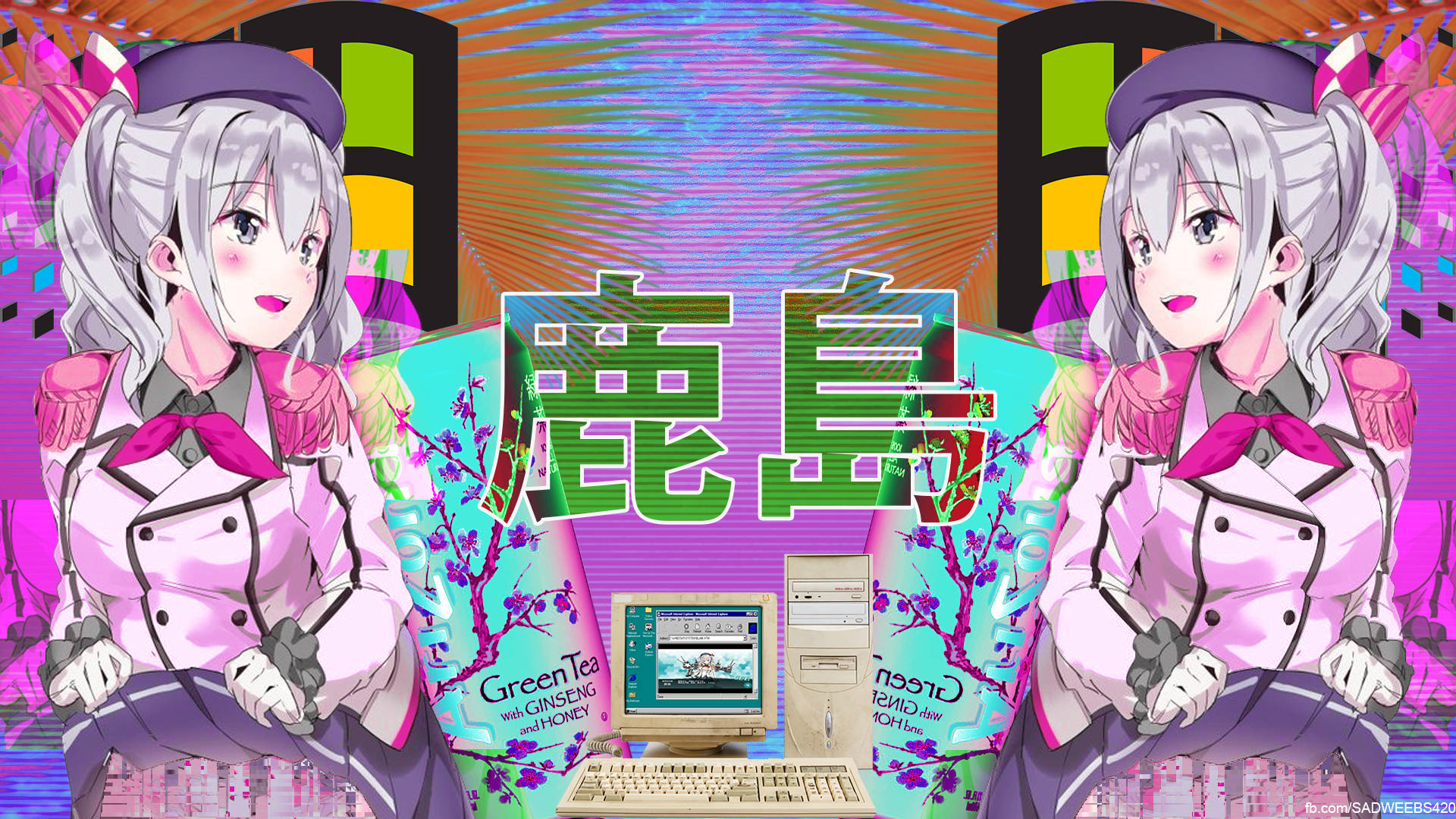 Y2K 風動漫少女美學頭像 壁紙 — 兩個穿著粉紅色廚師制服嘅動漫女仔企喺一部復古電腦同綠茶盒旁邊，背景係充滿活力嘅霓虹城市景觀。