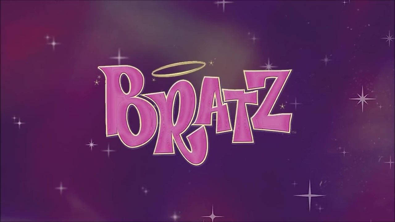Bratz 標誌帶有光環，被閃爍星星環繞，背景為紫色 — Y2k GIF 壁紙