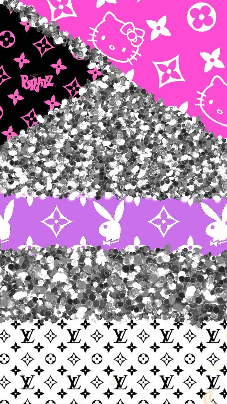 在粉紅色、黑色和紫色的奢華字母組合背景上，帶有閃粉Hello Kitty和Playboy標誌的牆紙。 — Y2k GIF 壁紙
