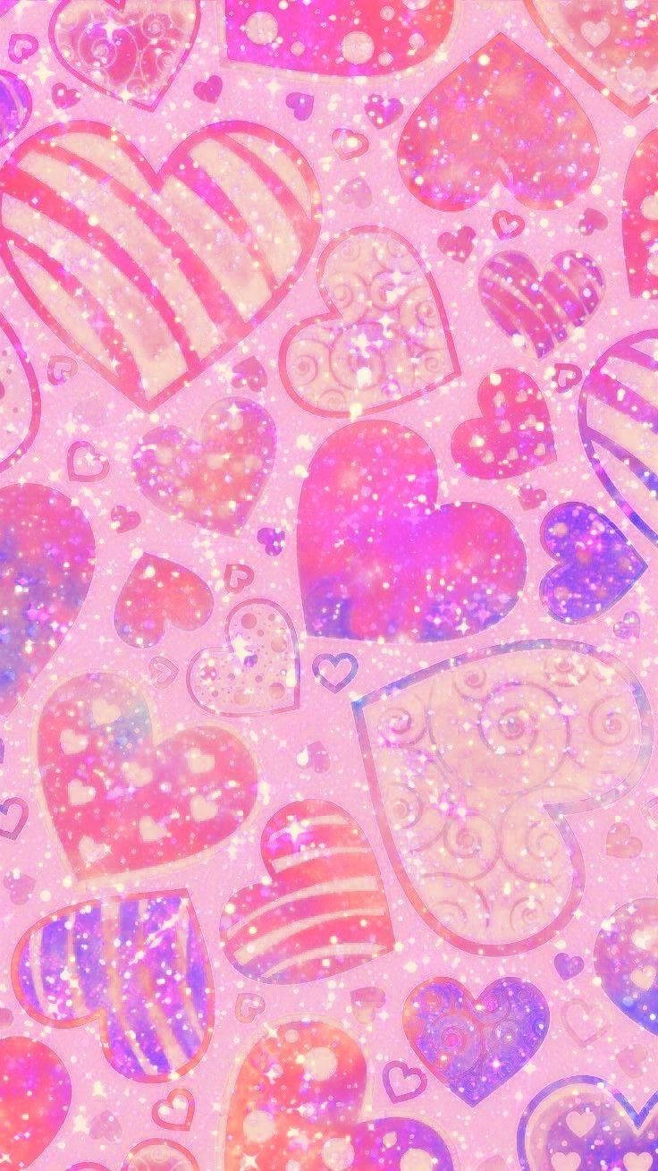 牆紙背景上帶有閃粉圖案的粉紅和紫色心形。 — Y2k GIF 壁紙