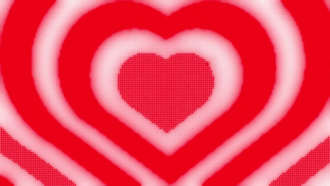 Y2K心形：跨越千年的愛 壁紙 — 鮮豔的紅色像素心形在發光的白色背景上以同心層向外輻射。