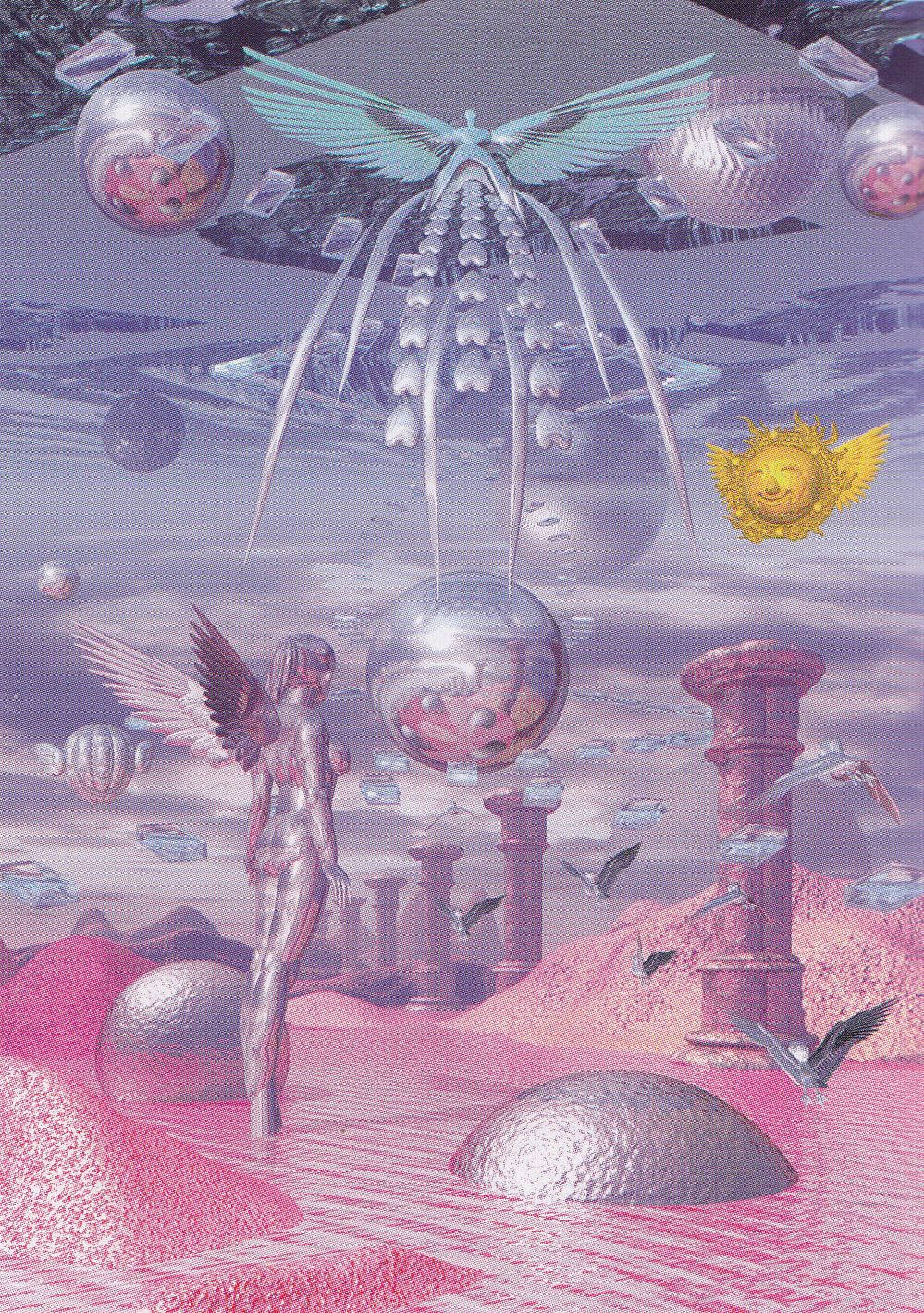 Y2K美學 - 夢幻世界 壁紙 — 超現實的粉紅色沙漠景觀，有帶翅膀的天使雕像、漂浮的球體和微笑的太陽，背景是夢幻般的天空。