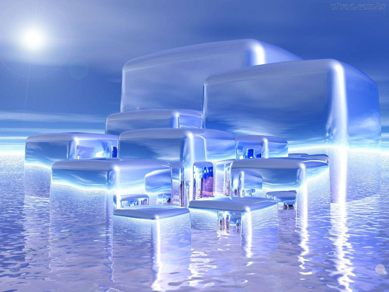 Y2K美學 - 浮冰 壁紙 — 光澤半透明冰塊在平靜的水面上漂浮，在明亮的陽光下帶有鮮明的藍色倒影。