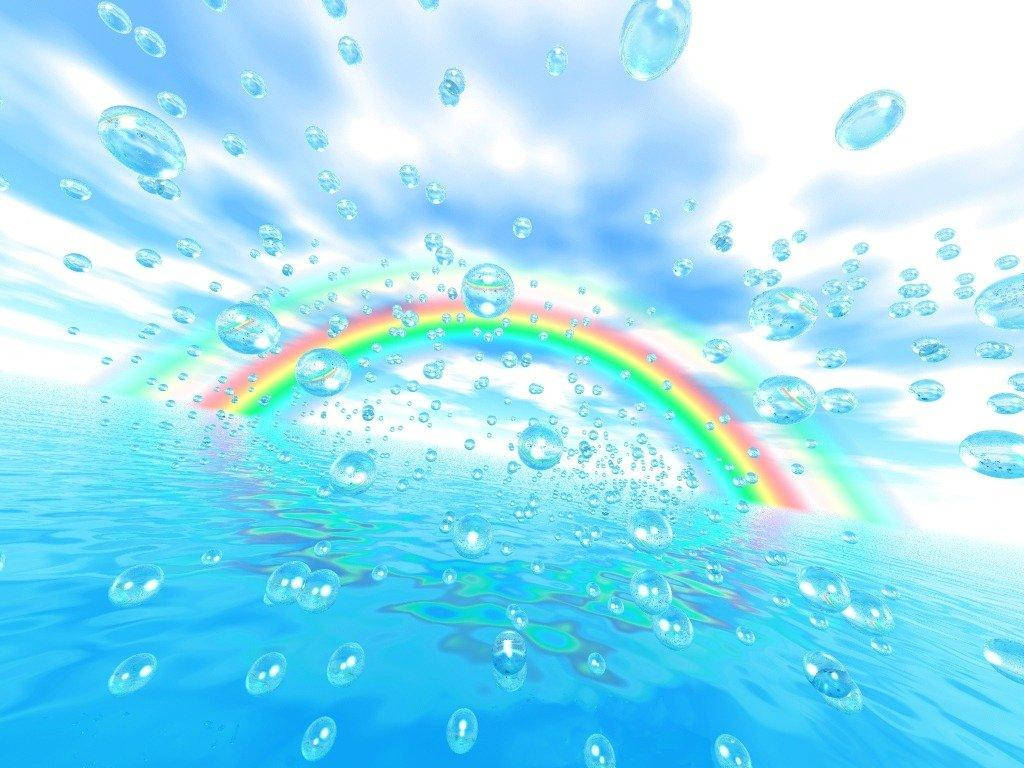 Y2K美學 - 海上彩虹 壁紙 — 一道鮮豔的彩虹在閃爍的藍色水面上拱起，漂浮的氣泡折射著光線。
