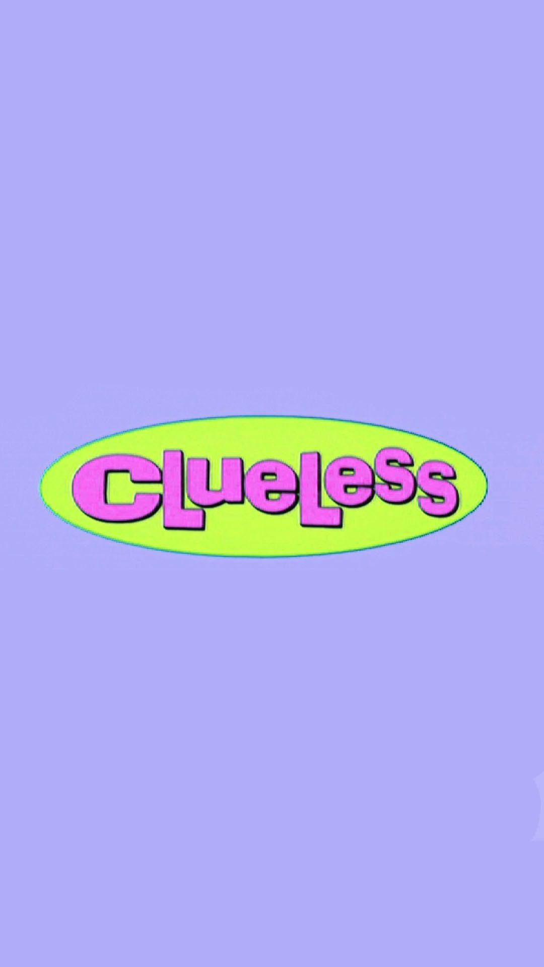 Y2K風格Clueless 壁紙 — 一個充滿活力的螢光綠色橢圓形，中央有粉紅色3D風格文字 'Clueless'，置於純色薰衣草背景上。