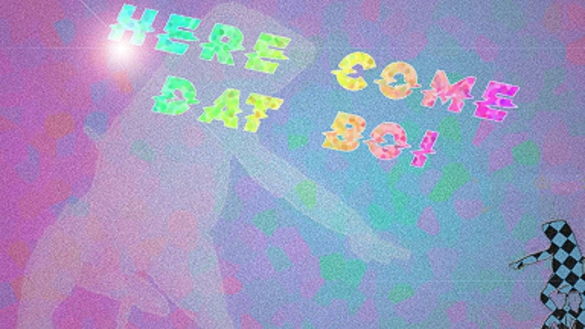 Y2K風格Here Come Dat Boi壁紙 壁紙 — 充滿活力的故障藝術，帶有霓虹文字 'HERE COME DAT BOI'，覆蓋在褪色的剪影和格子圖案上。