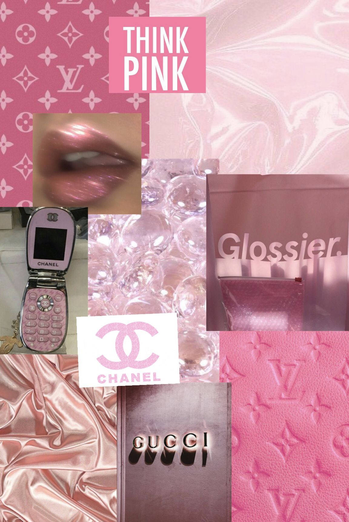 Y2K風格Think Pink壁紙 壁紙 — 一個充滿活力的粉紅色拼貼畫，以奢華品牌標誌、光澤嘴唇和復古科技為特色，背景是緞面質感。