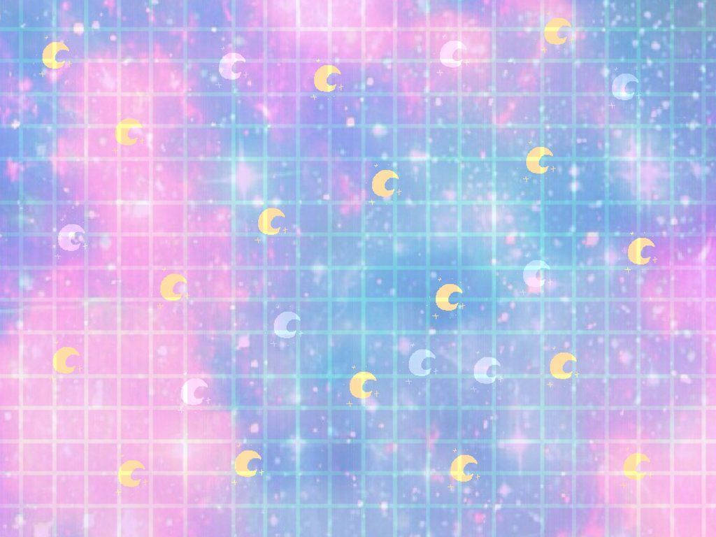 Y2K風格網格線與彎月 壁紙 — 粉彩粉紅和藍色宇宙背景，帶有發光的彎月和半透明網格疊加。