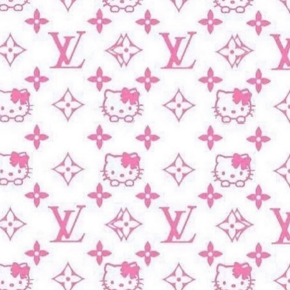Y2K風格路易威登Hello Kitty 壁紙 — 粉紅色 Hello Kitty 和 Louis Vuitton 字母圖案在乾淨的白色背景上重複。