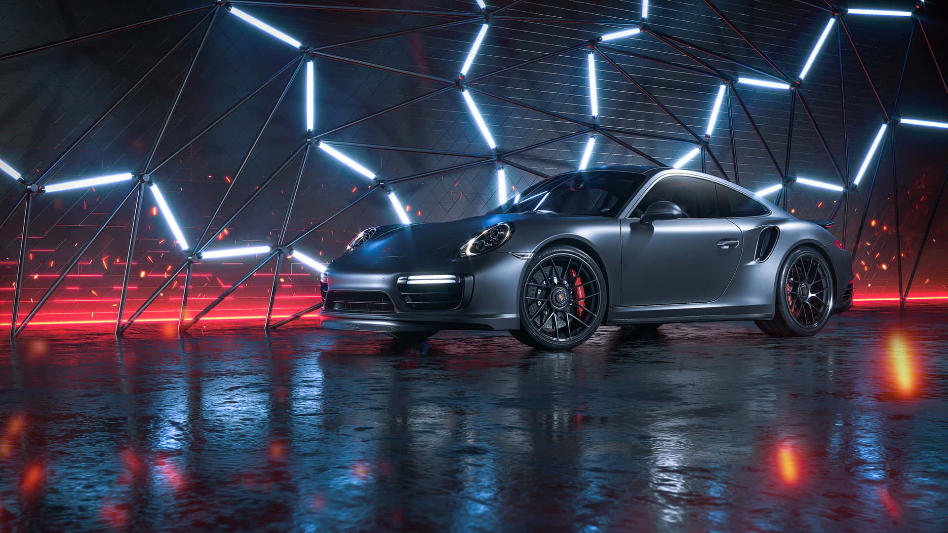未來風格圓頂內，啞光灰色保時捷911 Turbo S在霓虹燈光下，地面濕潤反光。