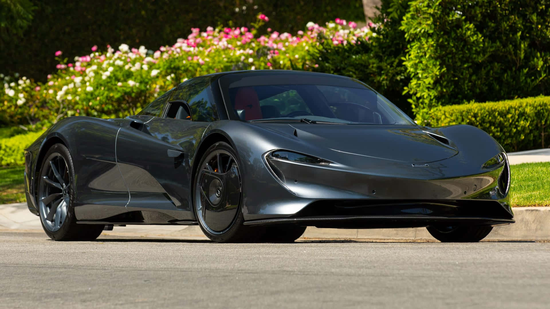Mclaren Speedtail 桌布 壁紙 — 一架時尚的啞光灰色McLaren Speedtail跑車停泊在鋪砌的道路上，後面有鮮豔的粉紅色和白色開花灌木。