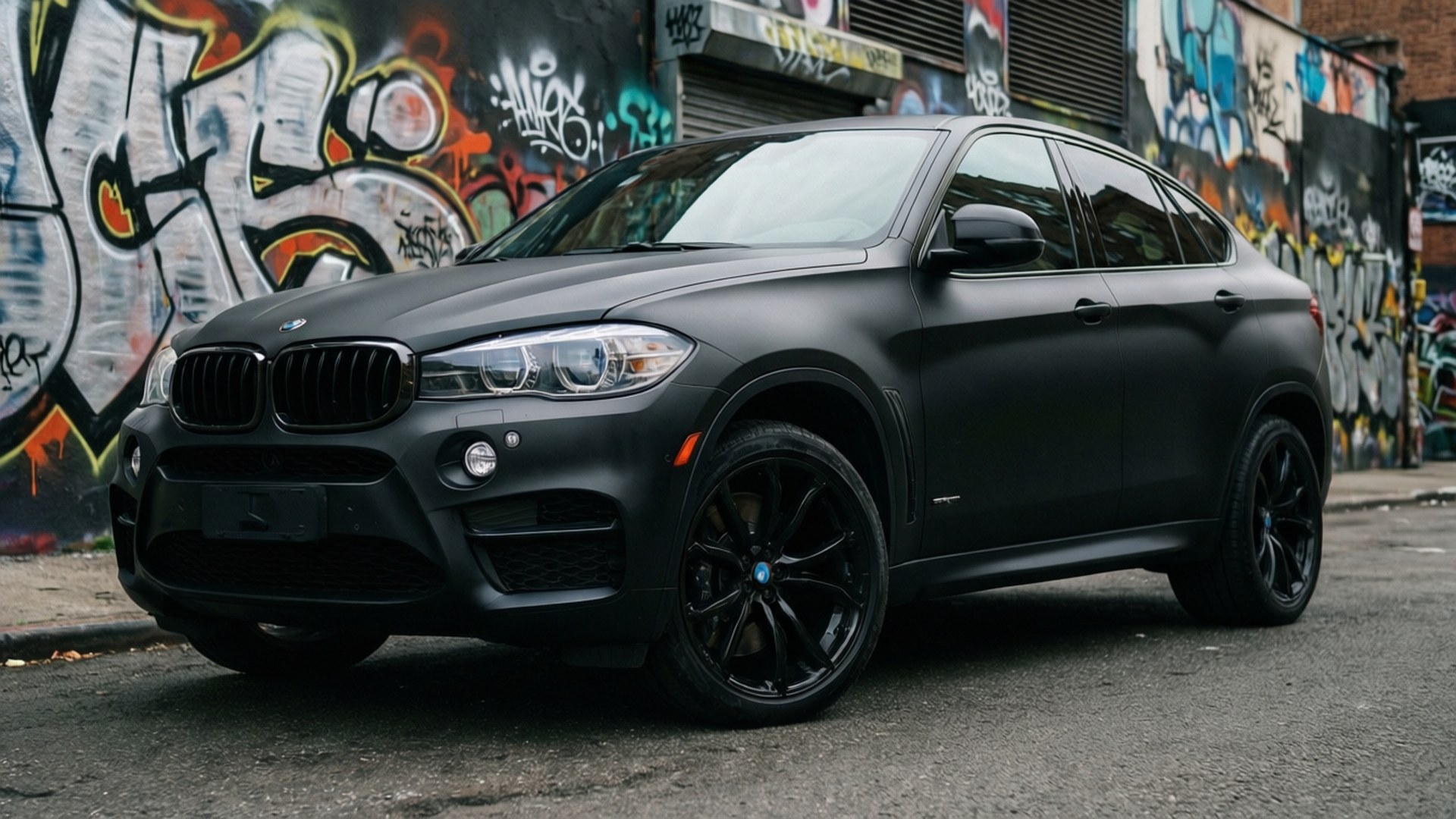 啞光黑色BMW X6 SUV停在城市街道上色彩繽紛的塗鴉牆旁邊。