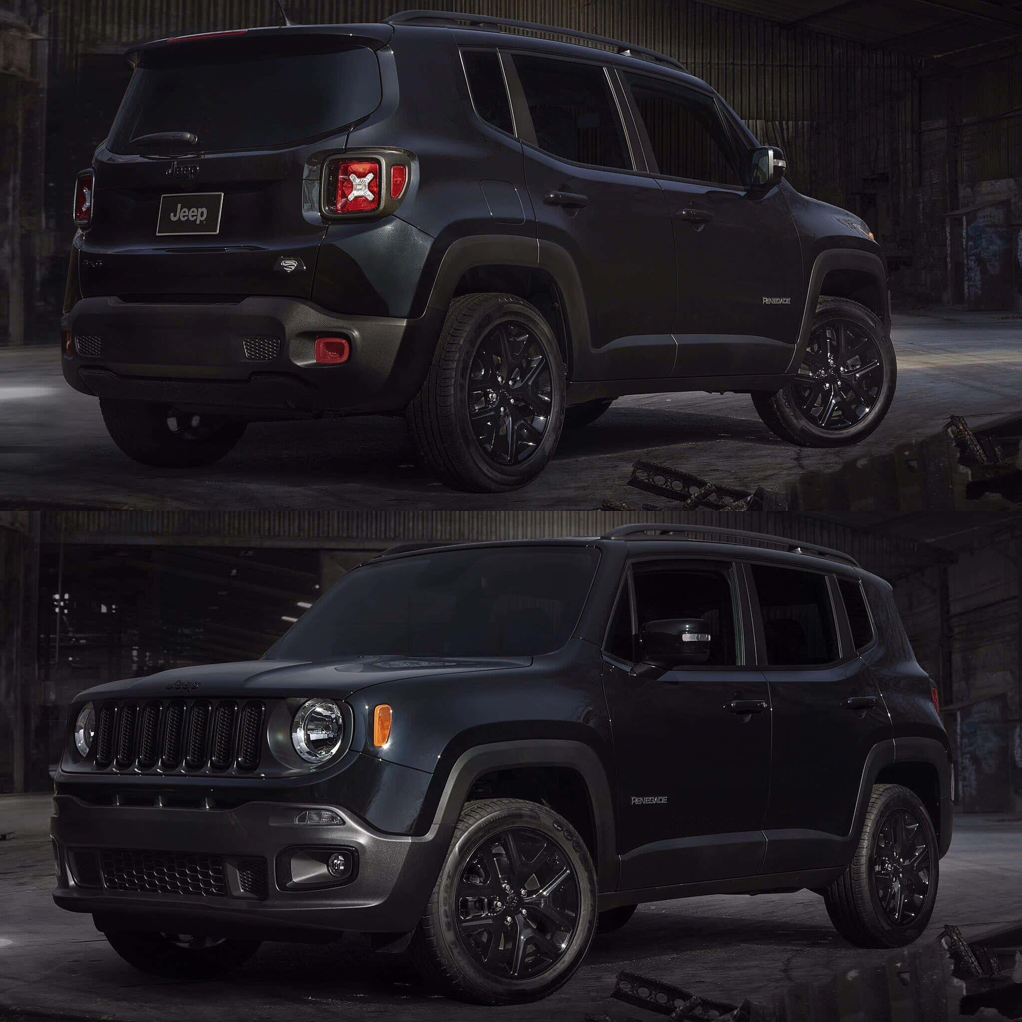 Jeep Renegade 桌布 壁紙 — 一輛啞光黑色Jeep Renegade SUV在昏暗的工業倉庫內從後方和前方角度展示。