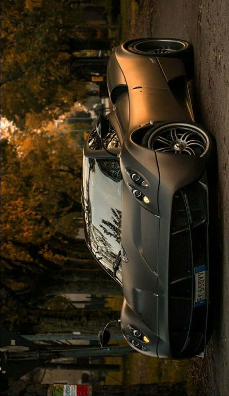 Pagani Zonda C12 Roadster 桌布 壁紙 — 一輛時尚的啞光灰色跑車停泊在樹蔭大道上，沐浴在金色的秋光中。