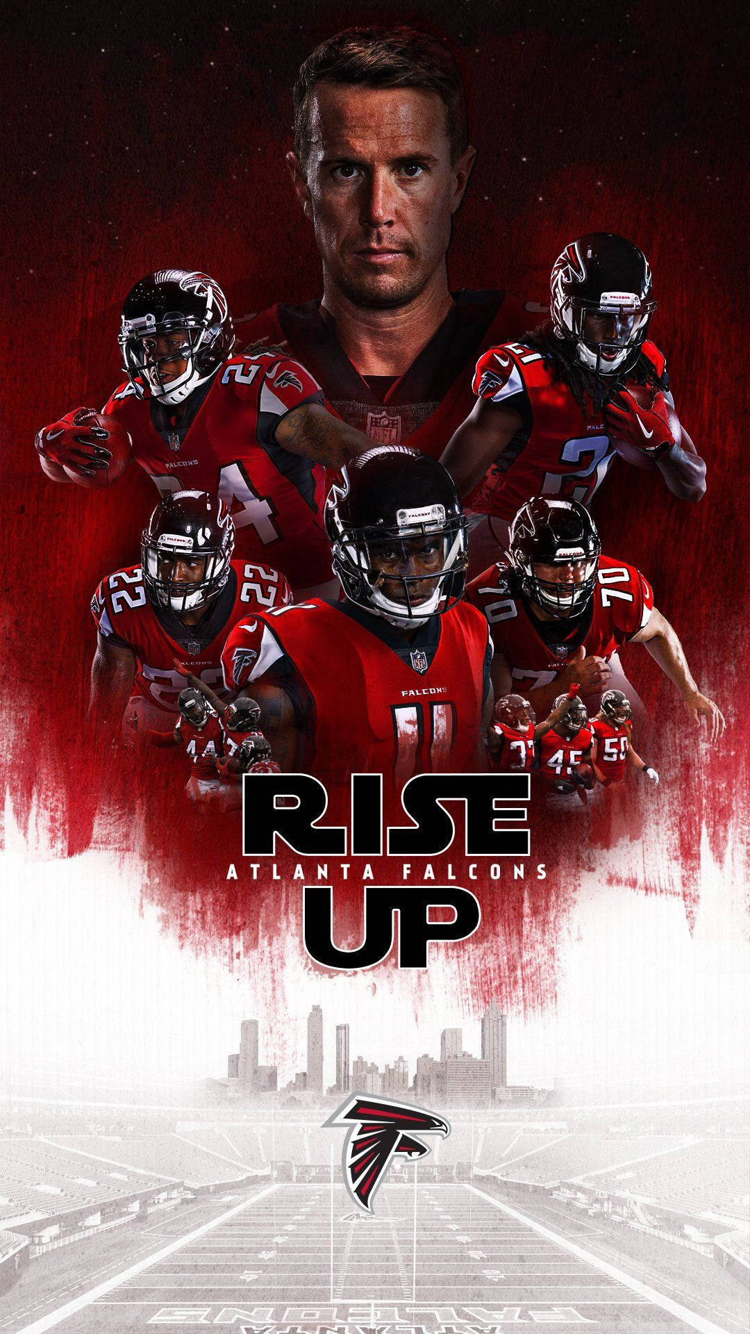 亞特蘭大獵鷹隊足球隊，帶有「Rise Up」口號和城市天際線背景。