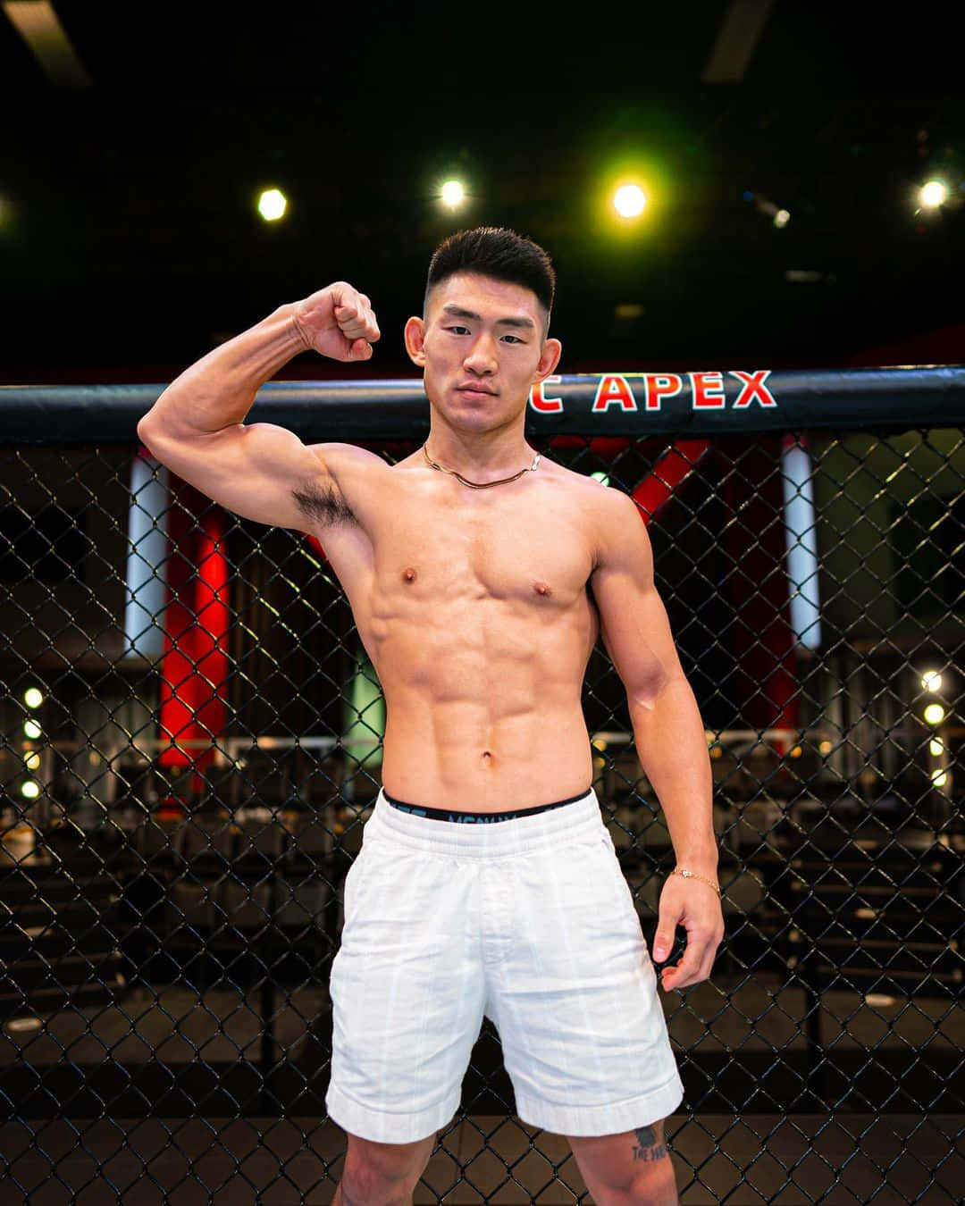 宋 Yadong 比賽前肖像 壁紙 — 一位肌肉發達的戰士在昏暗的MMA籠內展示二頭肌，帶有'APEX'品牌標誌。