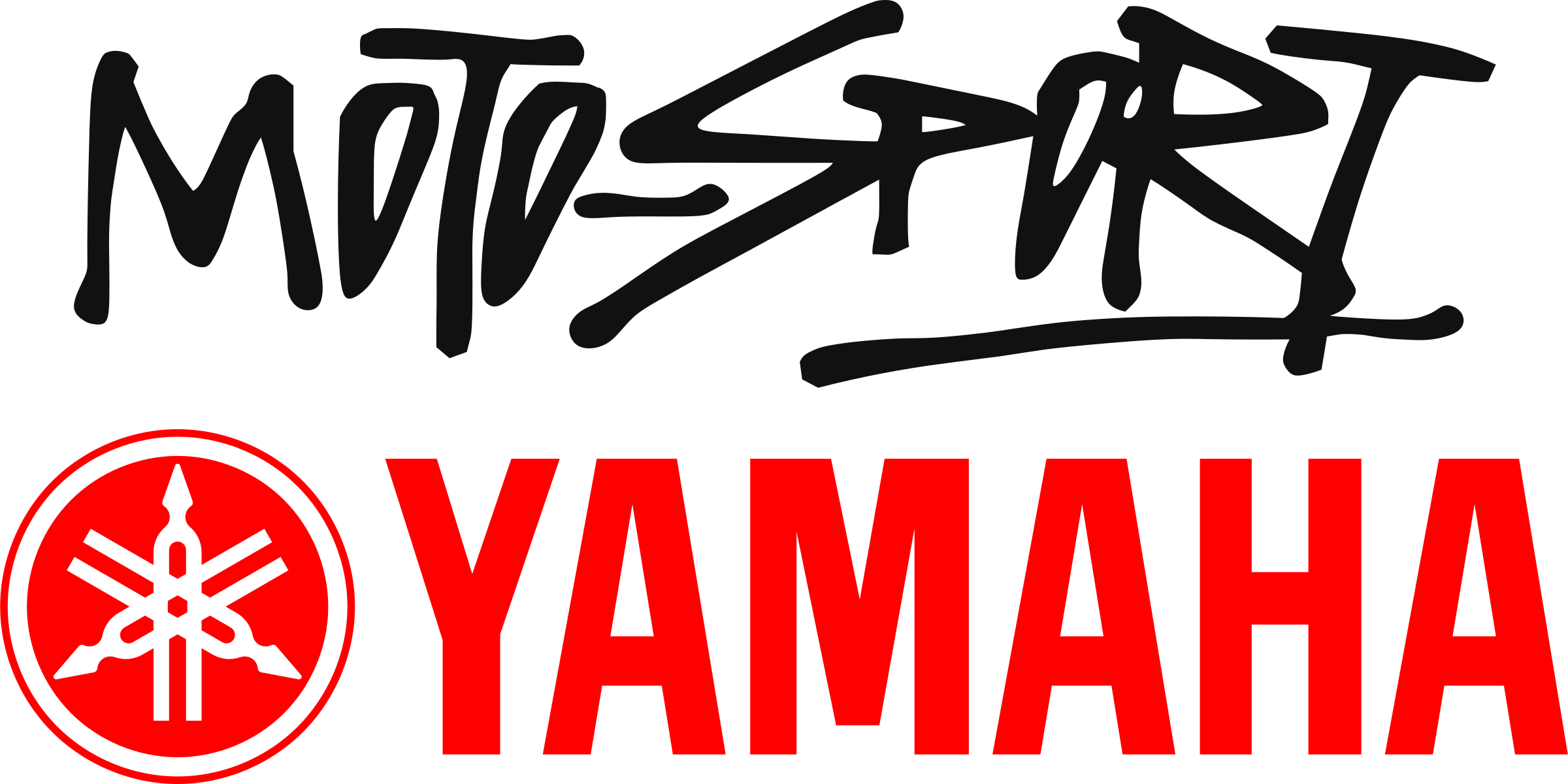 Yamaha MotoGP 標誌 壁紙 — 黑色背景上大膽的紅色Yamaha標誌和Moto-Sport文字，搭配塗鴉風格字體。