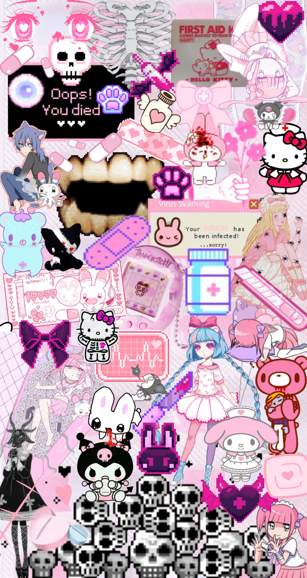 Yami Kawaii：黑暗時尚與可愛文化的美學 壁紙 — 一個混亂的粉紅色數位拼貼畫，包含動漫角色、醫療主題和可愛吉祥物，呈現故障風格的遊戲結束美學。
