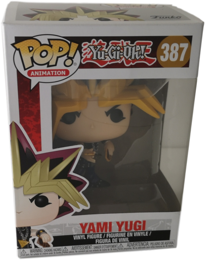 遊戲王Yami Yugi Funko Pop人偶387號 壁紙 — 來自《遊戲王》的闇遊戲 Funko Pop! 乙烯基公仔，擁有標誌性的金色頭髮和深色服裝，展示在原裝包裝中。