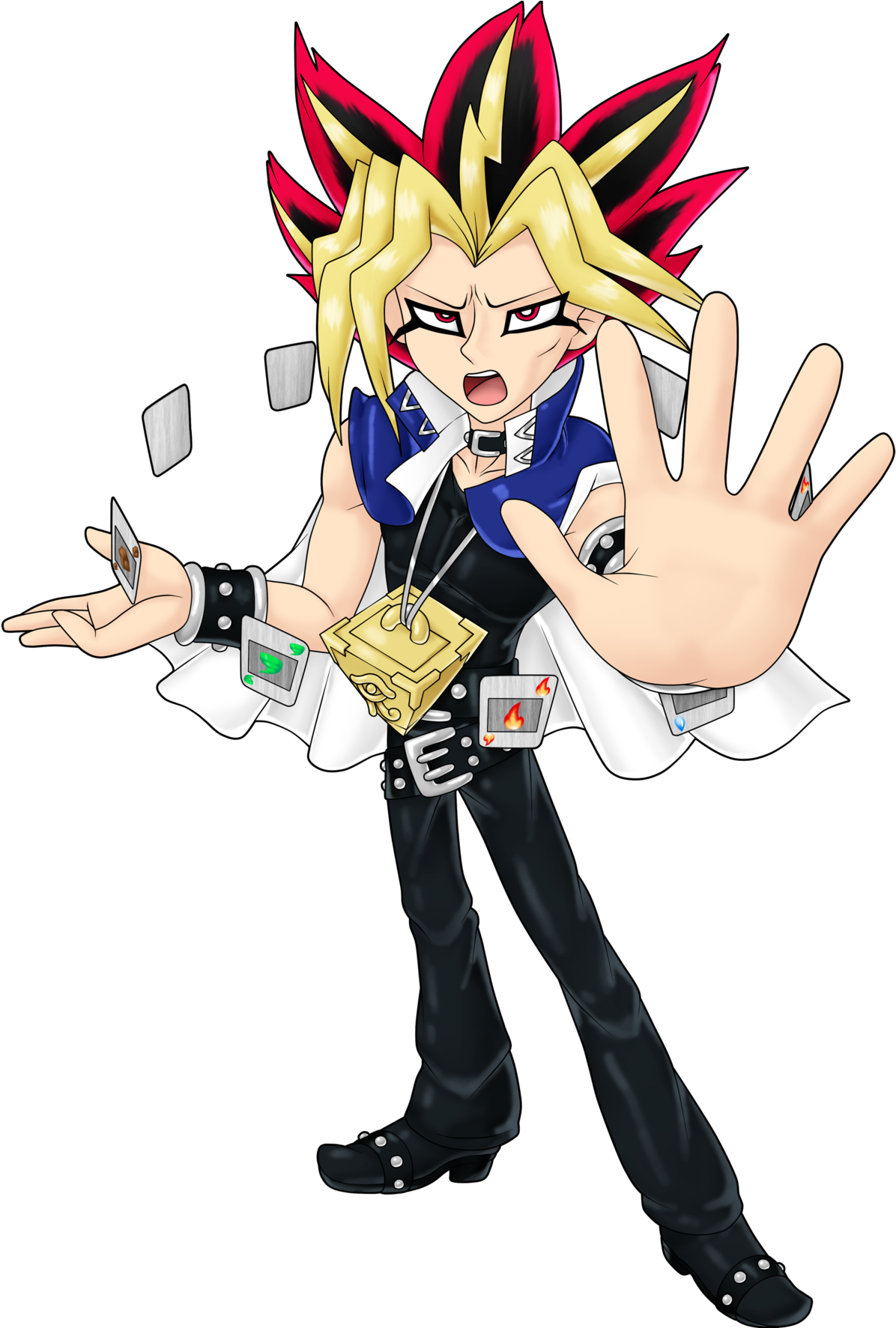 遊戲對決姿勢的Yami Yugi 壁紙 — 一個充滿動感的動漫角色，擁有尖刺的金色和紅色頭髮，在黑色背景前揮舞著撲克牌和金色決鬥盤。