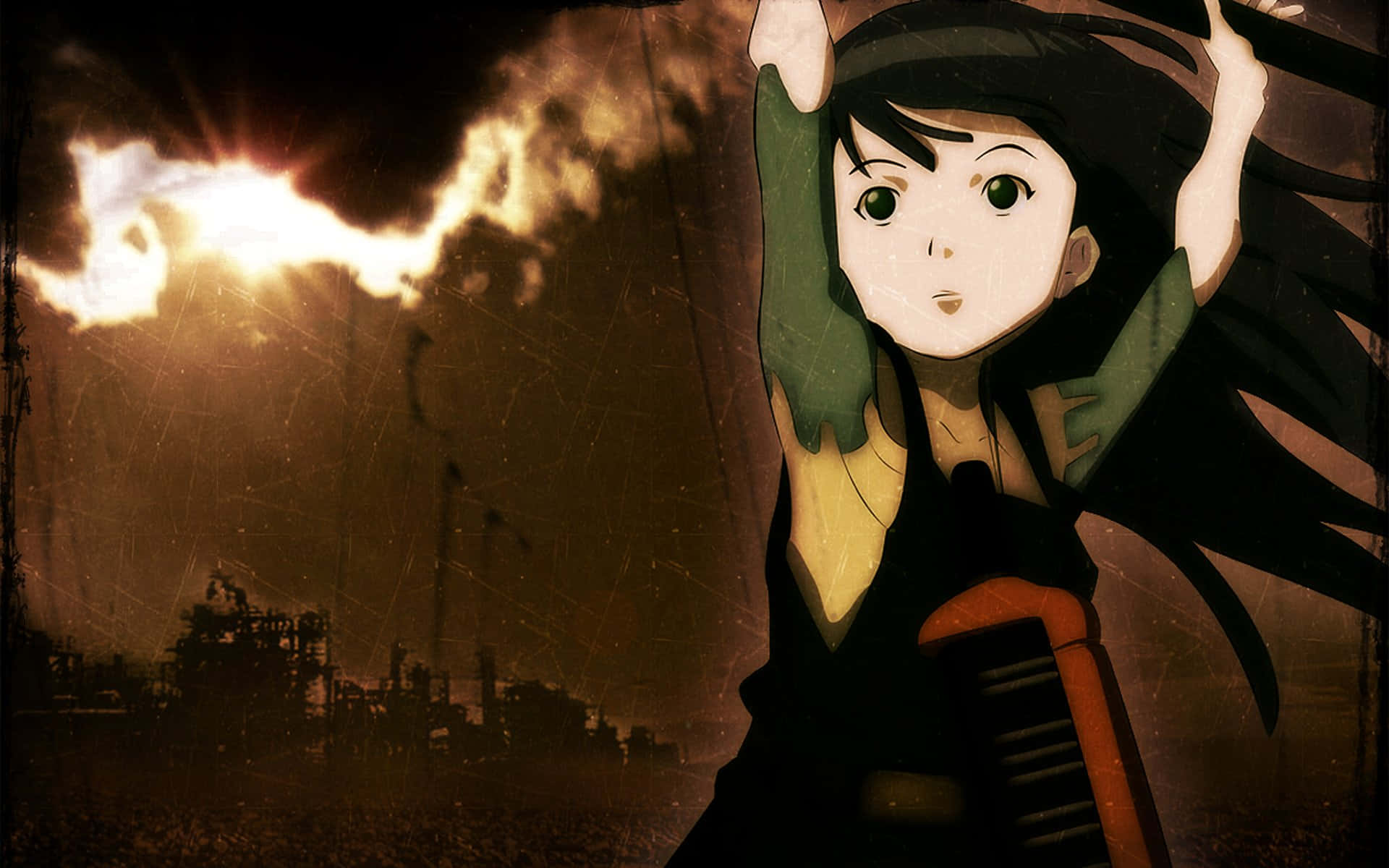 Ergo Proxy Pino 桌布 壁紙 — 一個年輕的動漫女孩，深色頭髮和綠色眼睛，在暴風雨日落天空下，站在廢墟城市景觀中，表現出挑釁的姿態。
