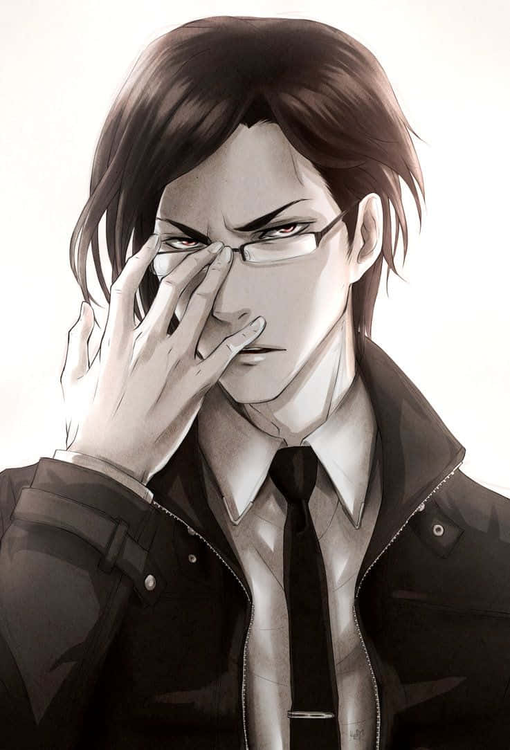 William T. Spears 桌布 壁紙 — 一個嚴肅的動畫男人，戴著眼鏡和黑髮，戴著手套的手在純白背景前調整眼鏡。