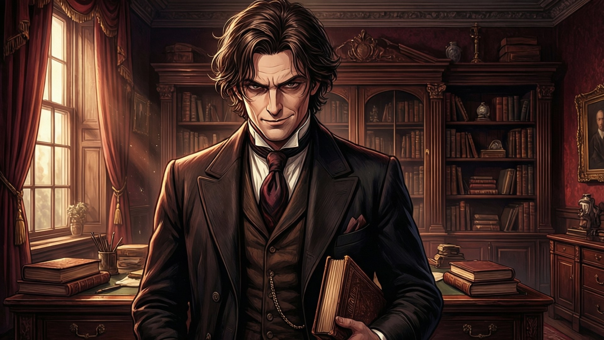 Moriarty The Patriot 桌布 壁紙 — 一個嚴肅的男人穿著深色西裝，在充滿陽光、木書架和紅色窗簾的維多利亞式書房中拿著一本書。