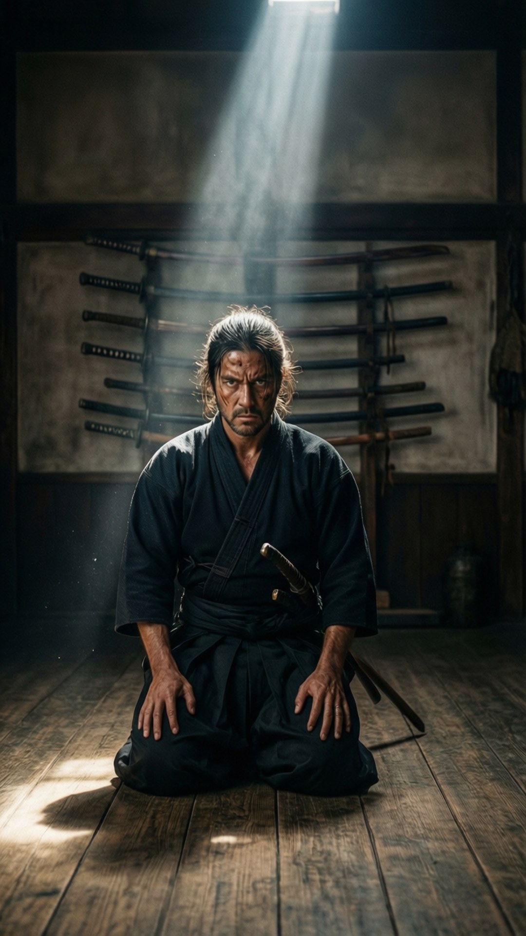 Ronin 桌布 壁紙 — 一位嚴肅的武士跪在昏暗的道場中，一道光束照亮他的臉和身後的刀劍。