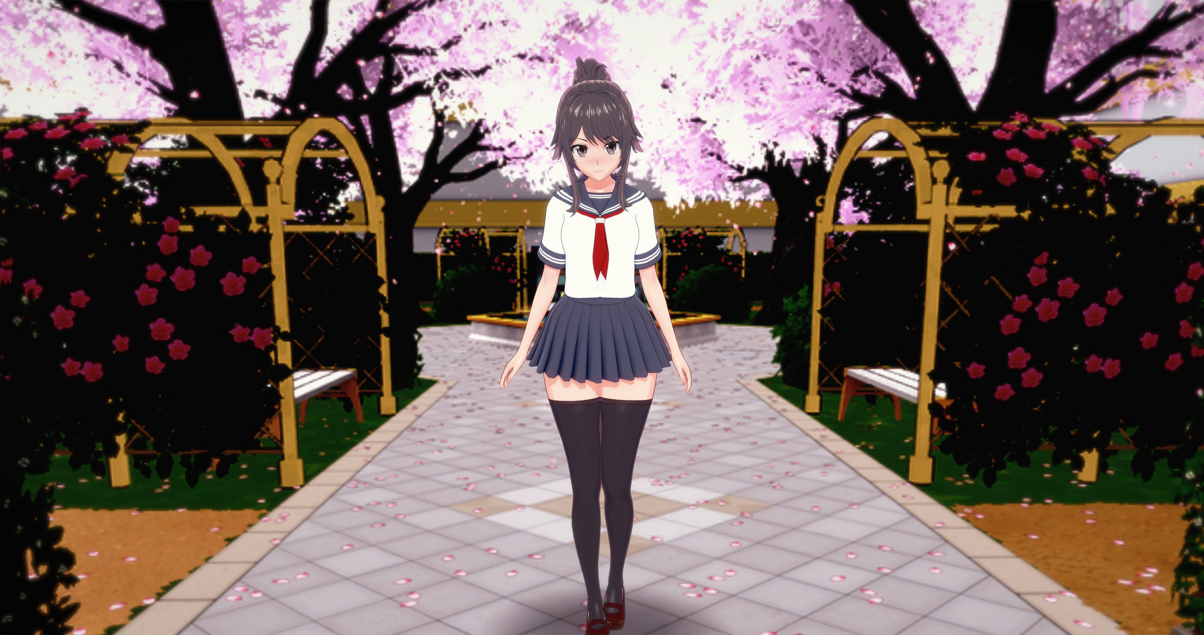 Yandere Simulator 中的校園女學生 Ayano Aishi 壁紙 — 一位穿著水手服嘅動畫女仔喺盛開嘅粉紅色櫻花樹下嘅瓷磚路上行，有金色拱門。